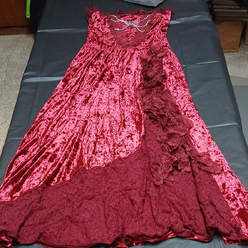 Dark In Love Blood Rose Red Velvet & Lace Gothic Maxi Dress w/ Chain Accent XL - Picture 5 of 16